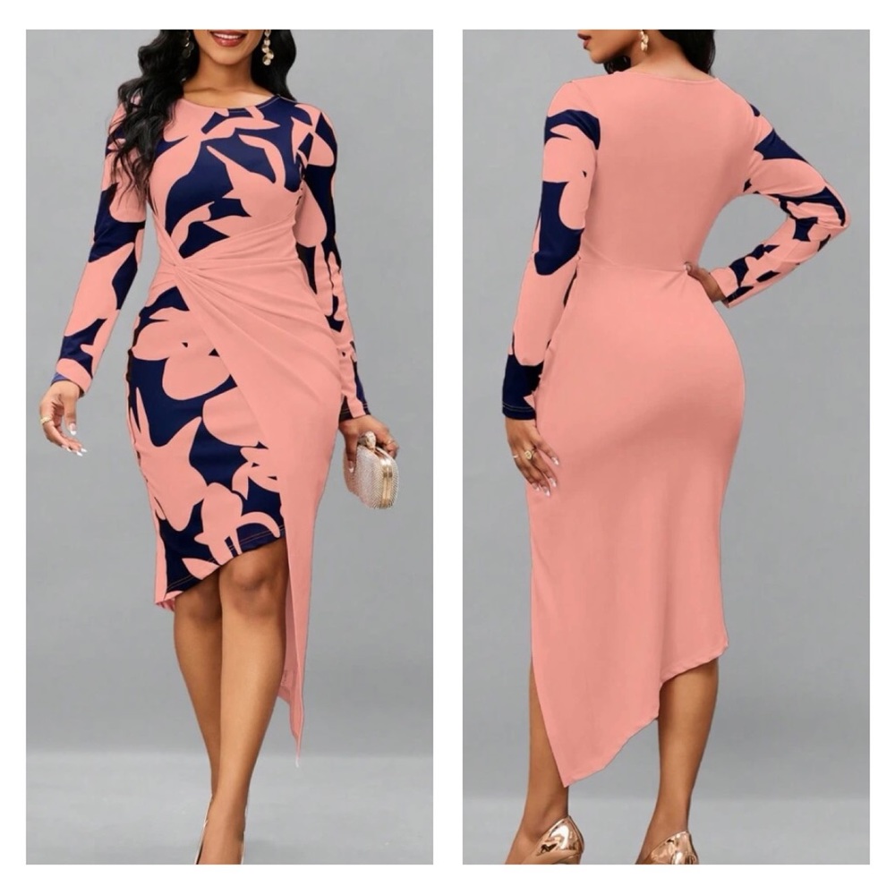 Graphic Print Ruched Asymmetrical Hem BodyCon Long Sleeve Dress